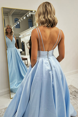 Princess Light Blue Satin Ball Gown Long Prom Dress