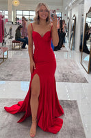 Load image into Gallery viewer, Red Satin Corset Mermaid Long Prom Dress with Slit