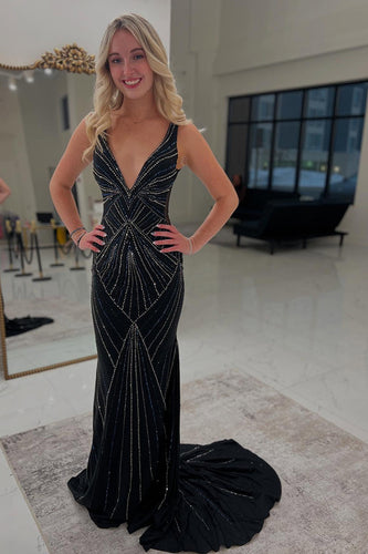 Sparkly Black Satin Beaded Mermaid Long Prom Dress