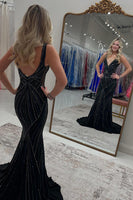 Load image into Gallery viewer, Sparkly Black Satin Beaded Mermaid Long Prom Dress