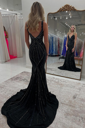 Sparkly Black Satin Beaded Mermaid Long Prom Dress