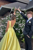 Load image into Gallery viewer, Princess Yellow Satin A Line V Neck Long Prom Dress