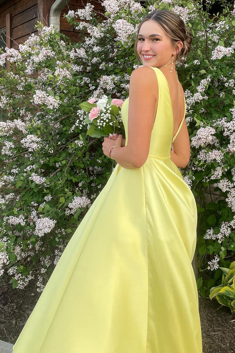 Load image into Gallery viewer, Princess Yellow Satin A Line V Neck Long Prom Dress