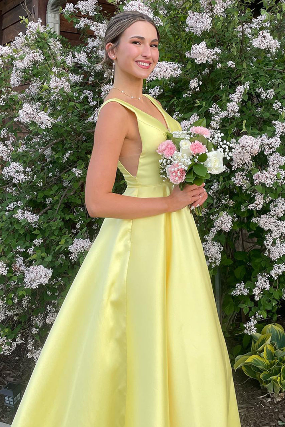 Princess Yellow Satin A Line V Neck Long Prom Dress