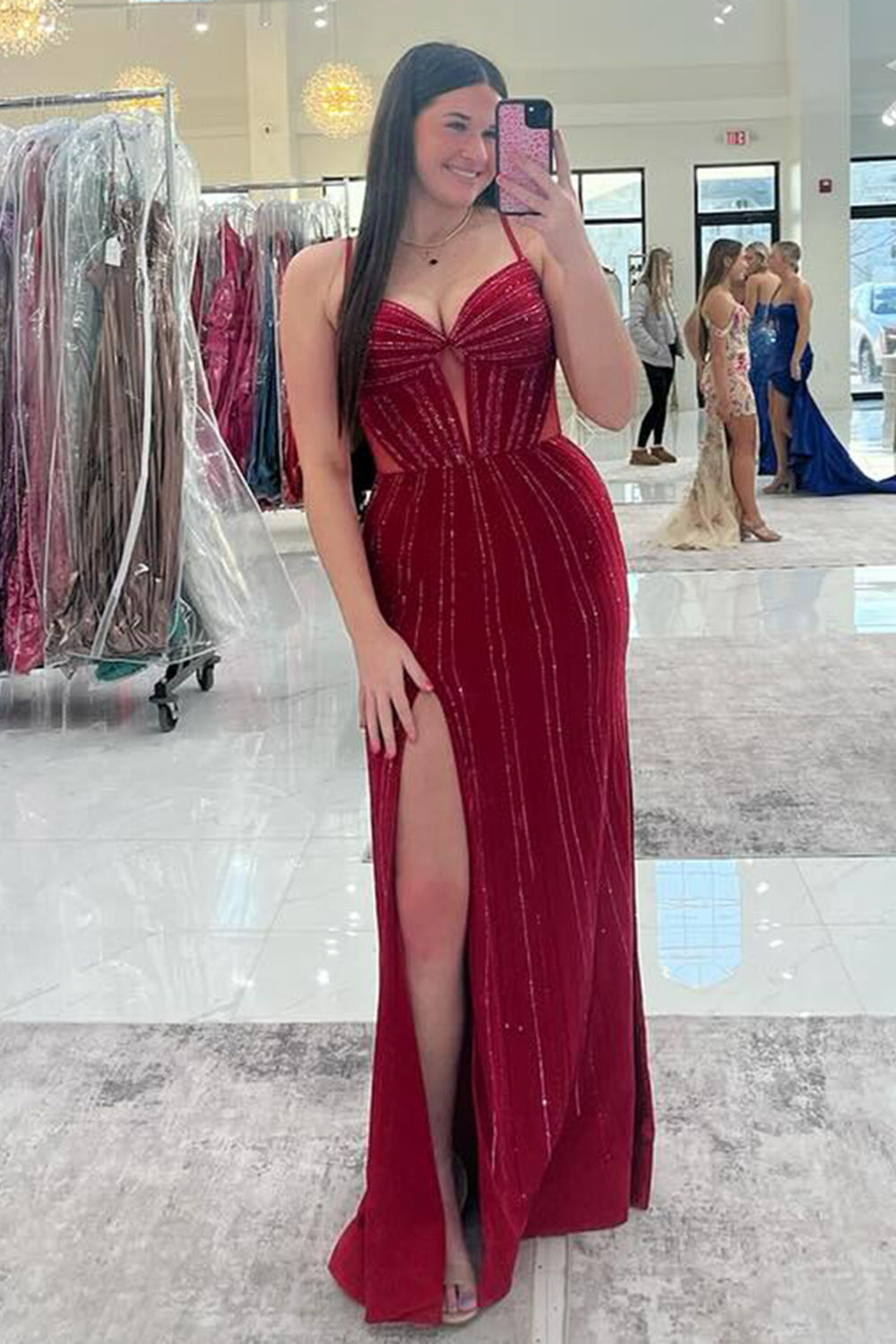 Sparkly Burgundy Corset Beaded Mermaid Long Prom Dress with Slit