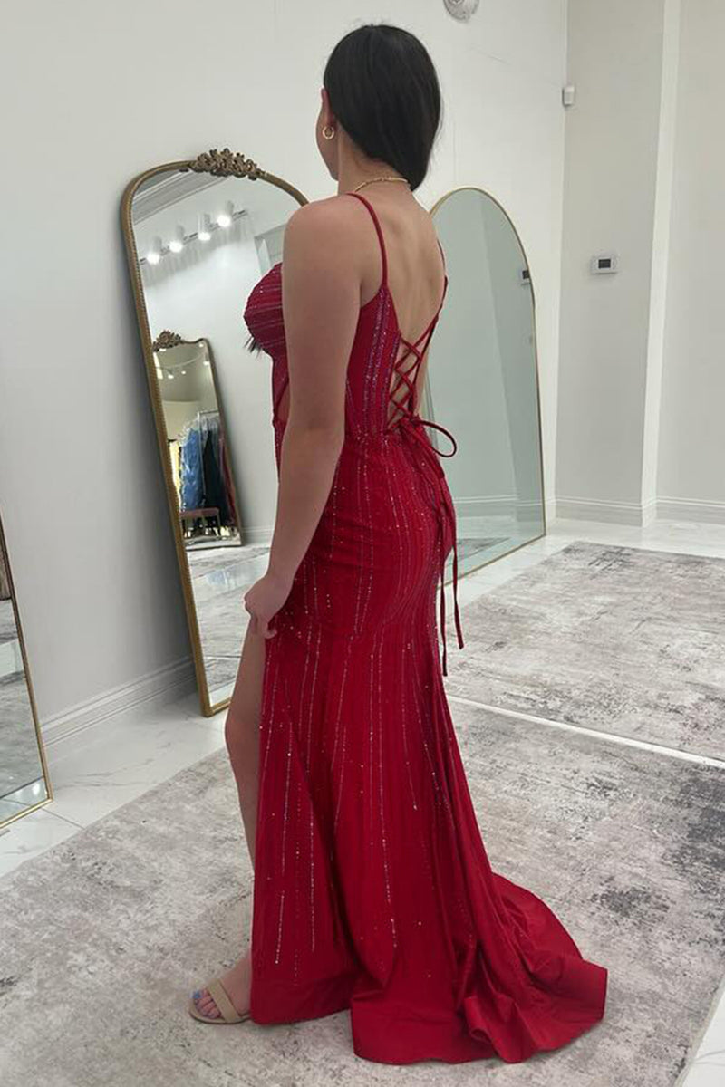 Load image into Gallery viewer, Sparkly Burgundy Corset Beaded Mermaid Long Prom Dress with Slit