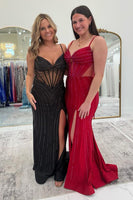 Load image into Gallery viewer, Sparkly Burgundy Corset Beaded Mermaid Long Prom Dress with Slit