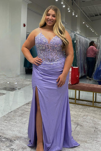 Lilac Satin Mermaid V Neck Long Prom Dress With Slit