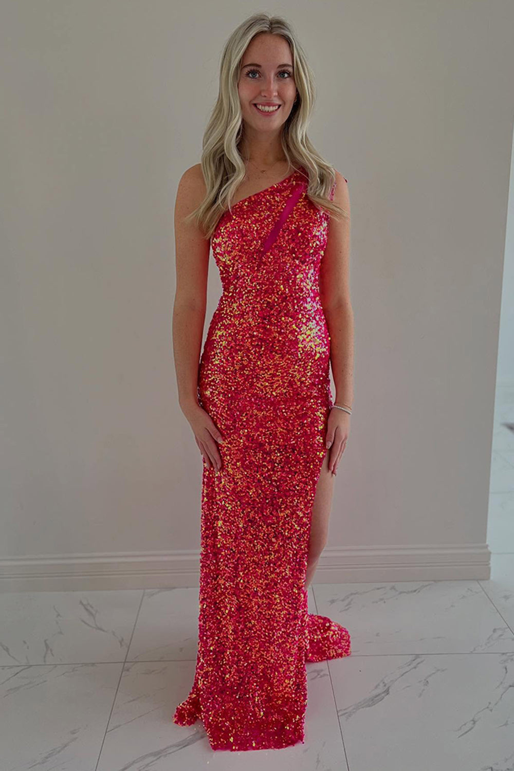 Sparkly Coral Sequin Mermaid Long Prom Dress with Slit