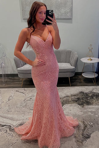 Pink Lace Mermaid Spaghetti Straps Long Prom Dress