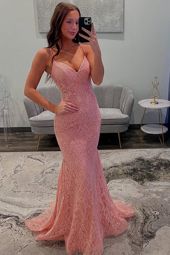 Pink Lace Mermaid Spaghetti Straps Long Prom Dress