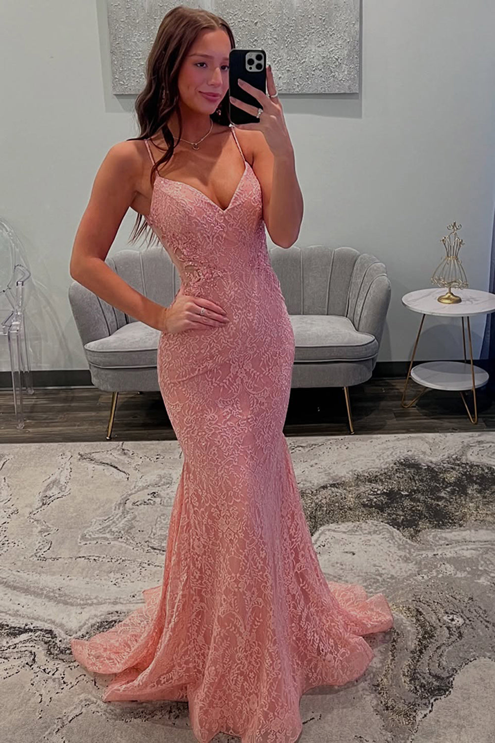 Pink Lace Mermaid Spaghetti Straps Long Prom Dress