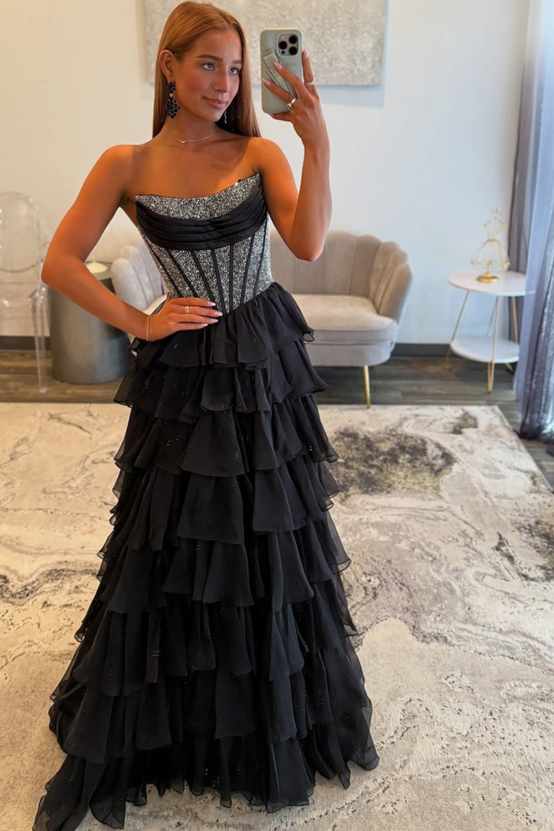 Load image into Gallery viewer, Light Blue Chiffon Tired A Line Long Corset Prom Dress