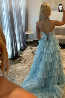 Light Blue Chiffon Tired A Line Long Corset Prom Dress