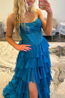 Load image into Gallery viewer, Light Blue Chiffon Tired A Line Long Corset Prom Dress