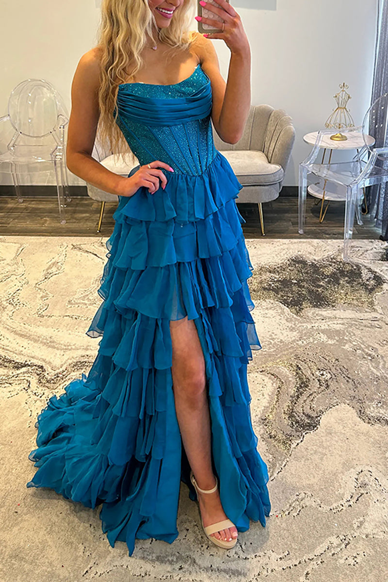 Load image into Gallery viewer, Light Blue Chiffon Tired A Line Long Corset Prom Dress