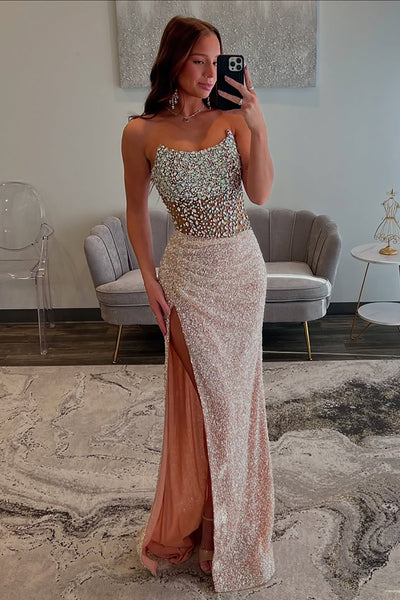 Sparkly Champagne Sequin Mermaid Long Prom Dress with Slit