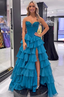 Load image into Gallery viewer, Princess Red Corset Long Ball Gown Prom Dress with Ruffles