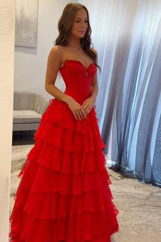 Princess Red Corset Long Ball Gown Prom Dress with Ruffles