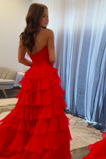 Princess Red Corset Long Ball Gown Prom Dress with Ruffles