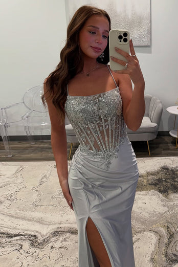 Sparkly Silver Satin Corset Mermaid Long Prom Dress with Slit
