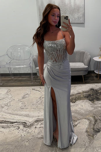 Sparkly Silver Satin Corset Mermaid Long Prom Dress with Slit