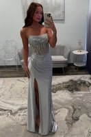 Load image into Gallery viewer, Sparkly Silver Satin Corset Mermaid Long Prom Dress with Slit