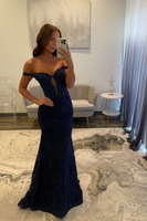Load image into Gallery viewer, Navy Satin Off the Shoulder Mermaid Long Prom Dress with Lace
