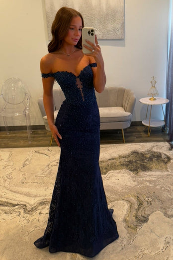 Navy Satin Off the Shoulder Mermaid Long Prom Dress with Lace