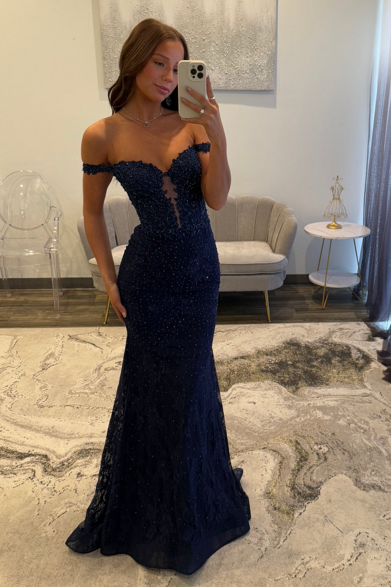 Load image into Gallery viewer, Navy Satin Off the Shoulder Mermaid Long Prom Dress with Lace