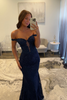 Load image into Gallery viewer, Navy Satin Off the Shoulder Mermaid Long Prom Dress with Lace