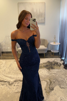 Load image into Gallery viewer, Navy Satin Off the Shoulder Mermaid Long Prom Dress with Lace
