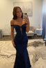Load image into Gallery viewer, Navy Satin Off the Shoulder Mermaid Long Prom Dress with Lace