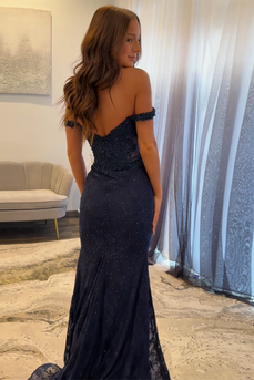 Navy Satin Off the Shoulder Mermaid Long Prom Dress with Lace