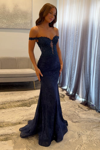 Navy Satin Off the Shoulder Mermaid Long Prom Dress with Lace