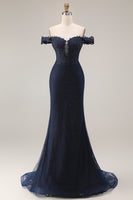 Load image into Gallery viewer, Navy Satin Off the Shoulder Mermaid Long Prom Dress with Lace