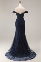 Load image into Gallery viewer, Navy Satin Off the Shoulder Mermaid Long Prom Dress with Lace