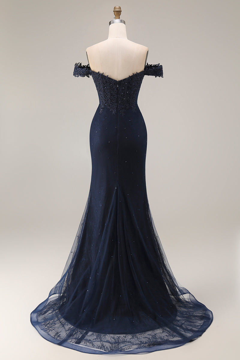 Load image into Gallery viewer, Navy Satin Off the Shoulder Mermaid Long Prom Dress with Lace