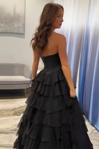 Princess Sparkly Black Corset Beaded Ball Gown Long Prom Dress with Ruffles