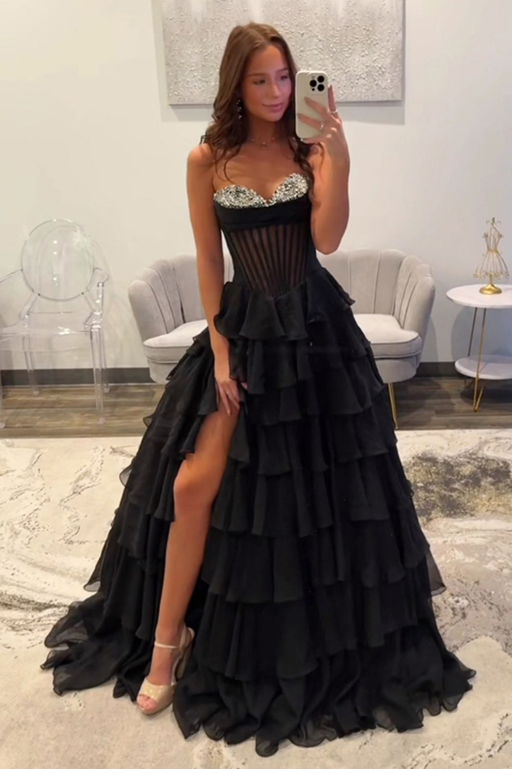 Princess Sparkly Black Corset Beaded Ball Gown Long Prom Dress with Ruffles