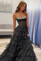 Load image into Gallery viewer, Princess Sparkly Black Corset Beaded Ball Gown Long Prom Dress with Ruffles
