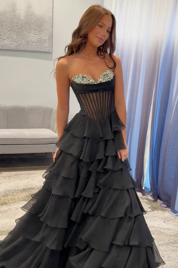 Princess Sparkly Black Corset Beaded Ball Gown Long Prom Dress with Ruffles