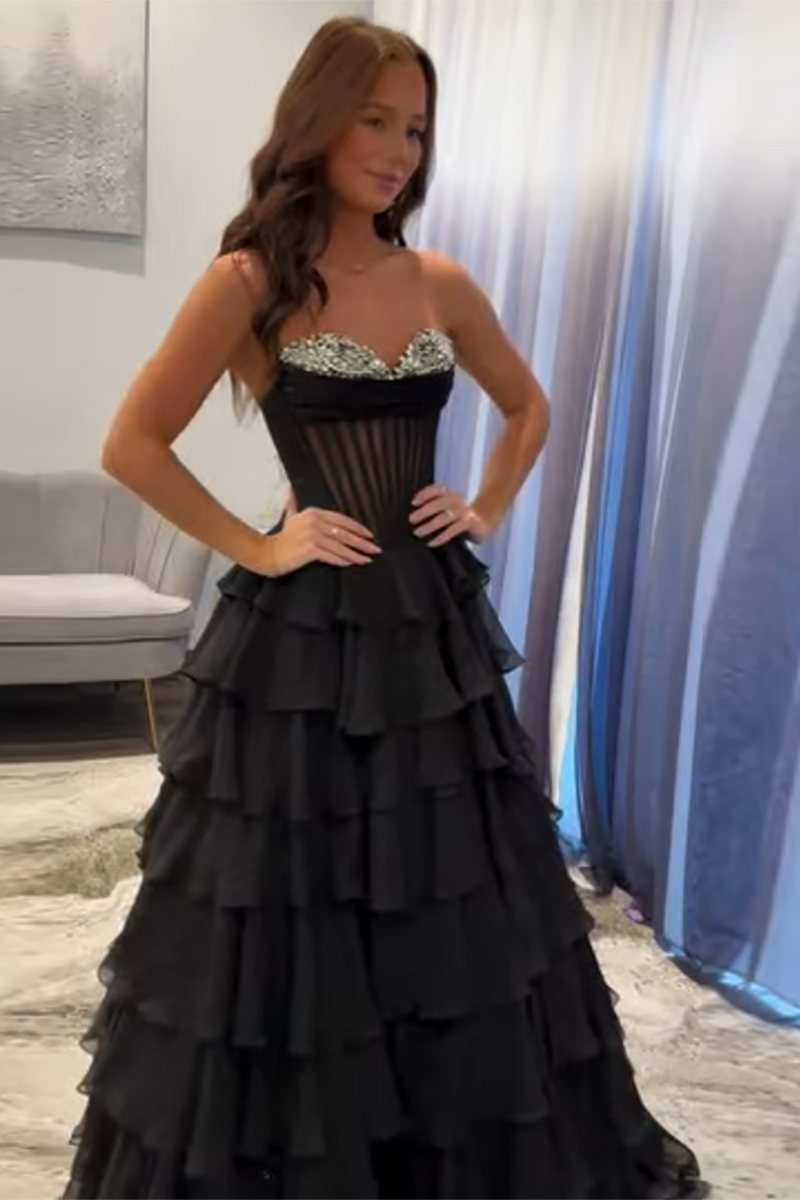 Load image into Gallery viewer, Princess Sparkly Black Corset Beaded Ball Gown Long Prom Dress with Ruffles