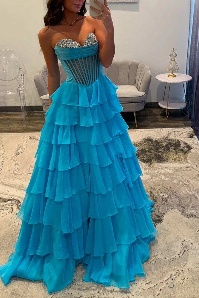 Load image into Gallery viewer, Princess Sparkly Black Corset Beaded Ball Gown Long Prom Dress with Ruffles