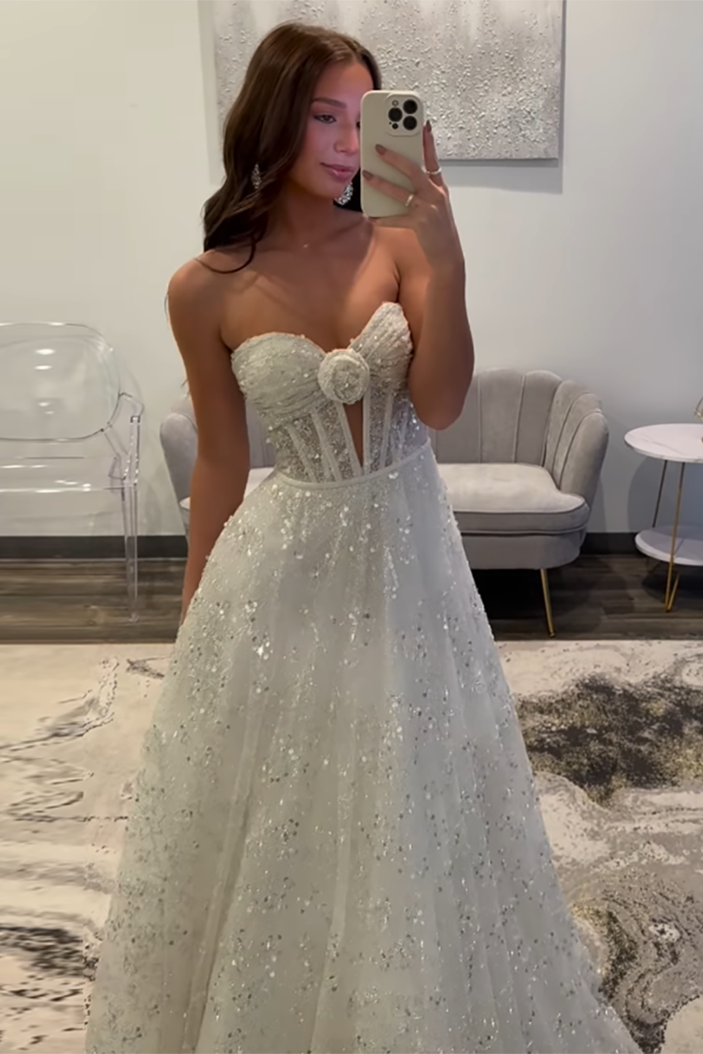 Princess Sparkly White Sequin Corset Ball Gown Long Prom Dress