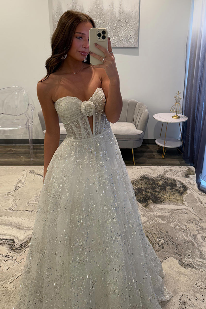 Load image into Gallery viewer, Princess Sparkly White Sequin Corset Ball Gown Long Prom Dress