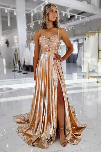 Metallic Gold A Line Sweetheart Long Prom Dress with Slit