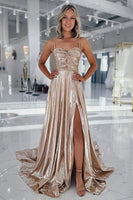 Load image into Gallery viewer, Metallic Gold A Line Sweetheart Long Prom Dress with Slit