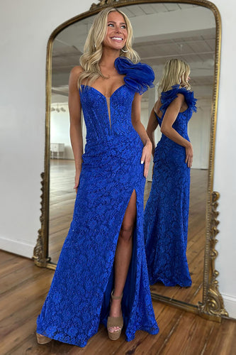 Royal Blue Sheath Lace Corset Long Prom Dress with Slit