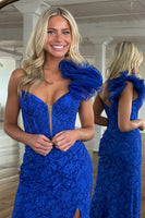 Load image into Gallery viewer, Royal Blue Sheath Lace Corset Long Prom Dress with Slit